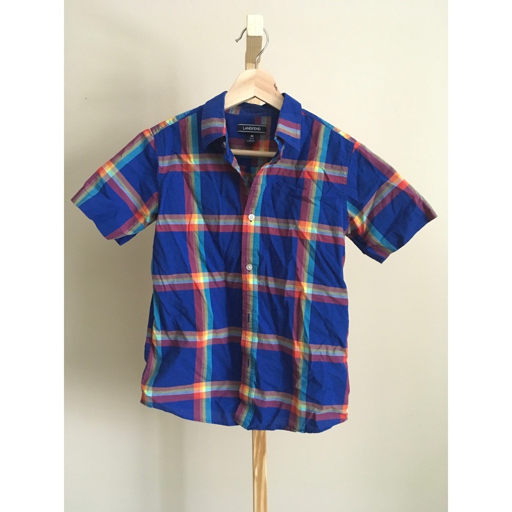 Lands End Kids Boys Blue Plaid Short Sleeve Button Up Shirt Size M